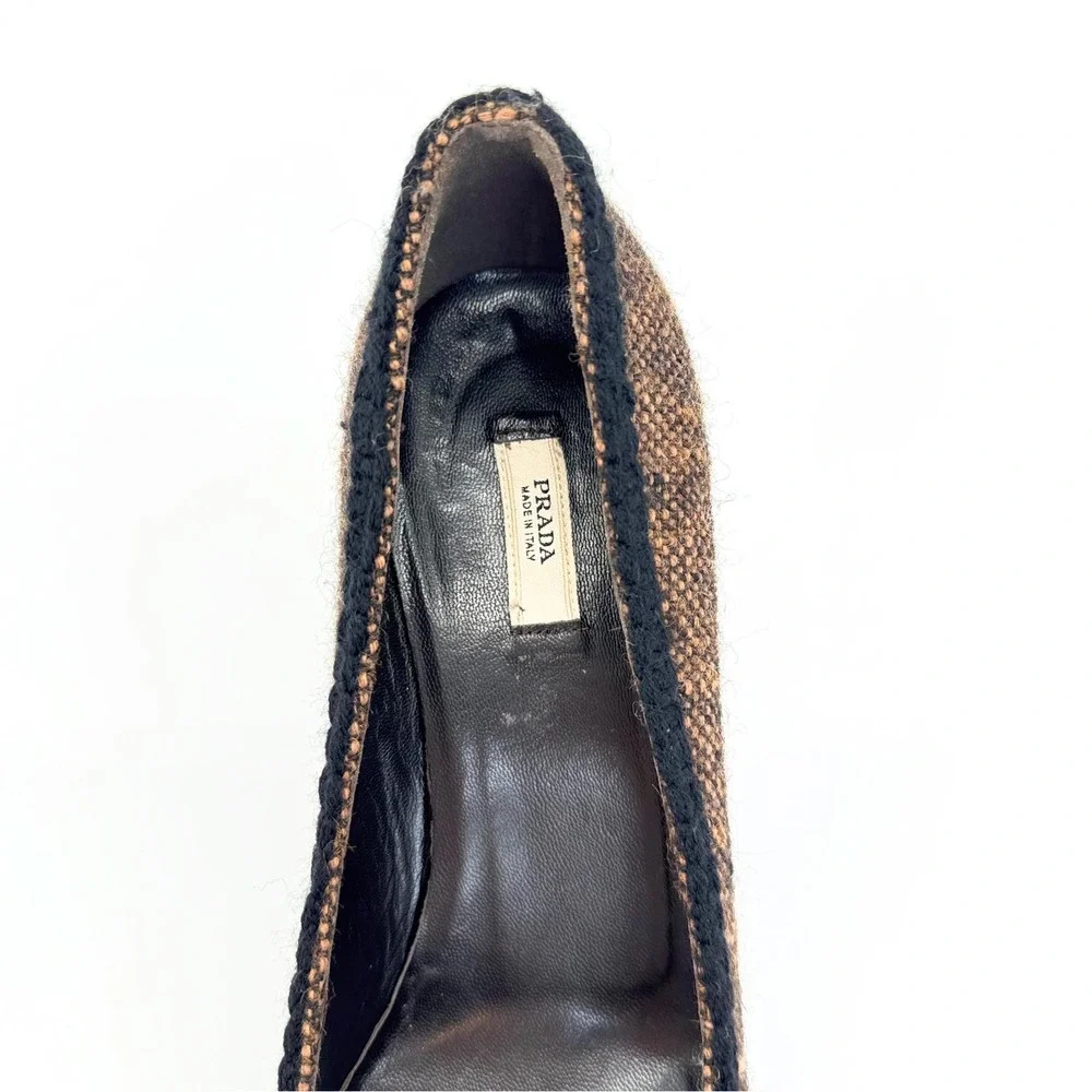 Prada Brown Wool Tweed Kitten Heel Pumps IT 37 US 7 Crystal Bow Pointed Toe - Picture 10 of 12